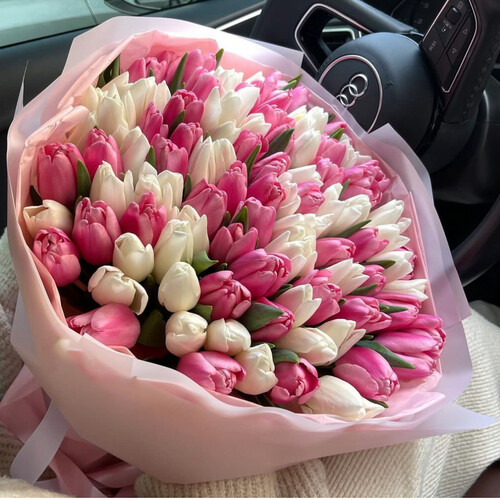 Букет из 101 Розовых и Белых Тюльпанов